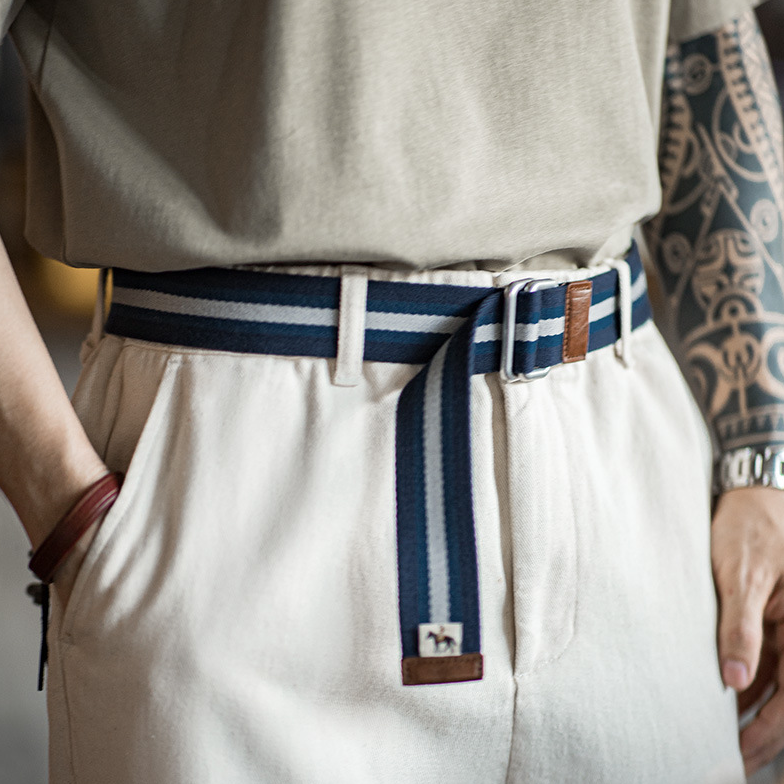 復古雙環扣條紋腰帶學院風免打孔鬆緊編織帆布配飾褲帶男-Retro's Wear