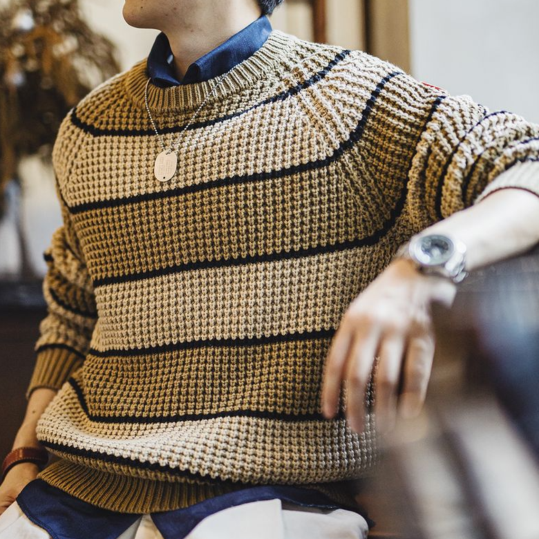 美式復古撞色鳳梨條紋毛衣肌理感套頭圓領打底針織衫男秋-Retro's Wear