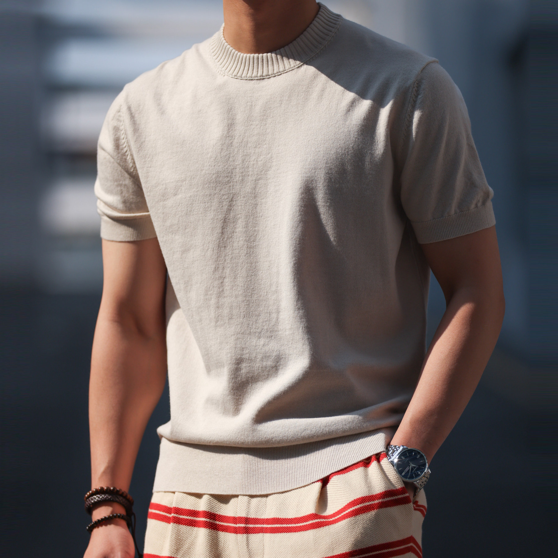 簡約老錢風短袖針織衫男高級感通勤休閒圓領收袖打底T恤