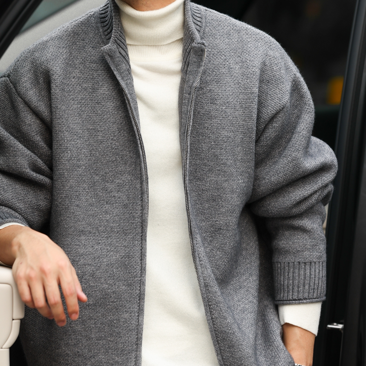 美式復古750g重磅拉鍊開衫毛衣男粗針休閒立領針織外套