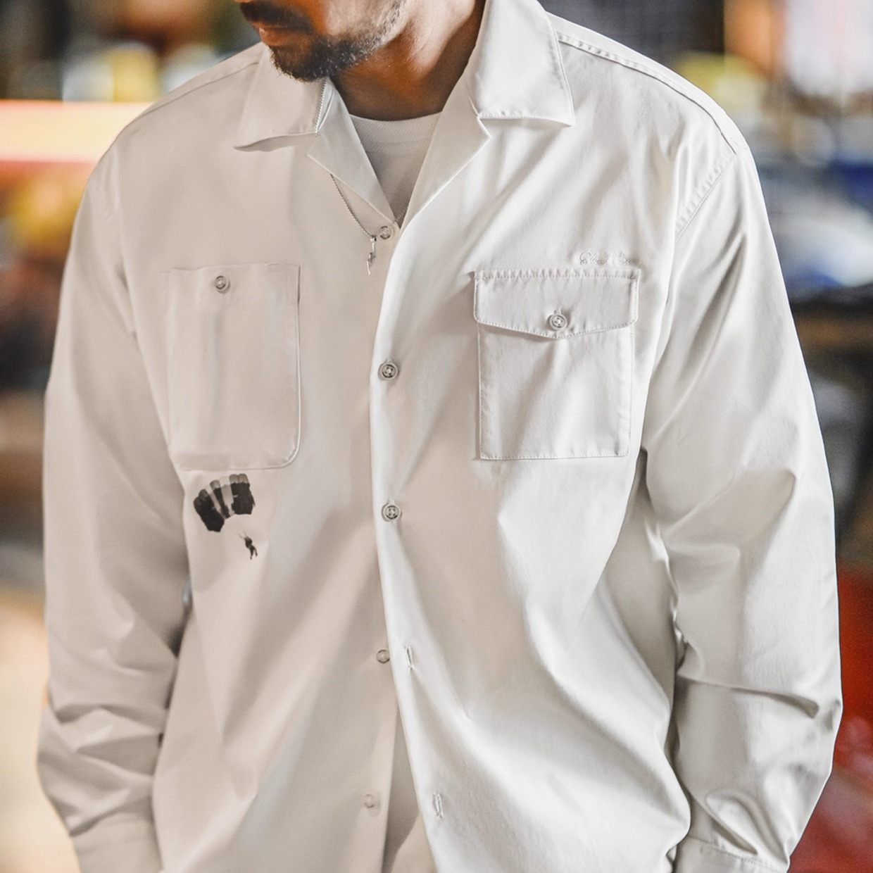 美式復古印花古巴領襯衫長袖寬鬆白色廓形襯衣外套男夏秋