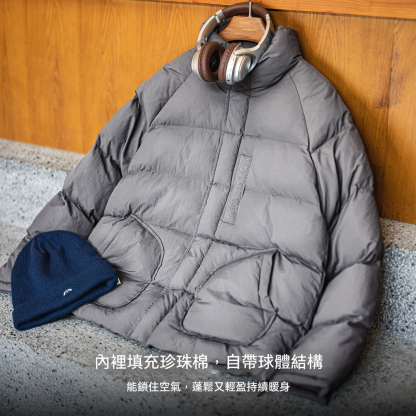 美式灰色尼龍棉服插肩袖外套珍珠棉立領加厚保暖短款夾克