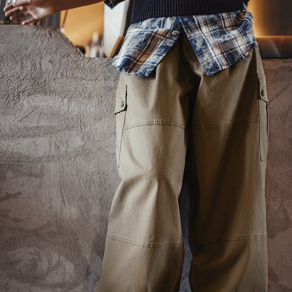 美式復古灰咖啡色多口袋寬鬆闊腿氣球休閒彎刀工裝褲子女士秋