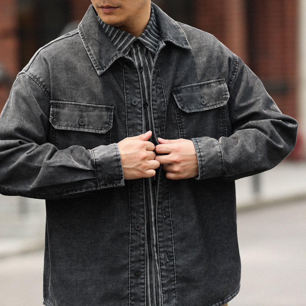 美式休閒水洗長袖燈芯絨襯衣男疊穿外搭16坑條絨肌理感襯衫-Retro's Wear