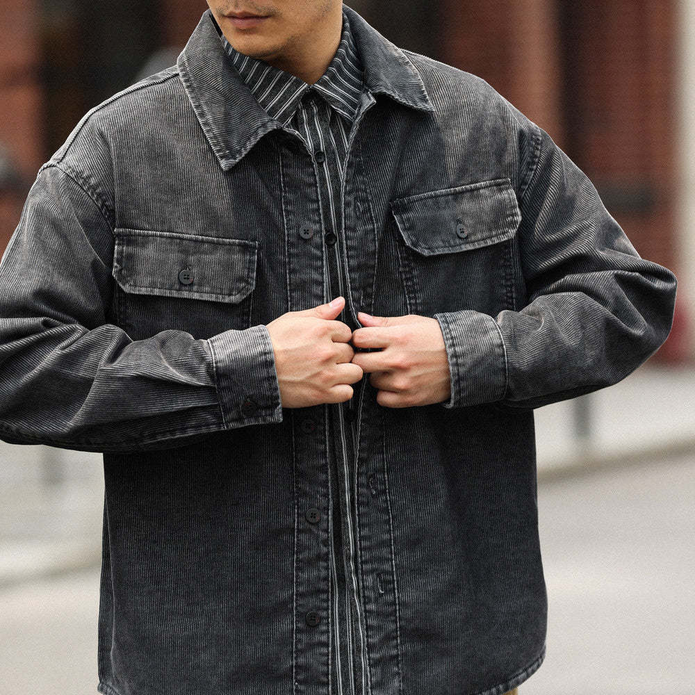 美式休閒水洗長袖燈芯絨襯衣男疊穿外搭16坑條絨肌理感襯衫-Retro's Wear
