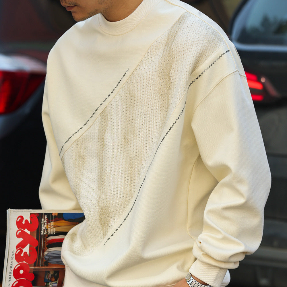 美式輕奢休閒感拼接圓領衛衣男340g撞色明線套頭針織衫
