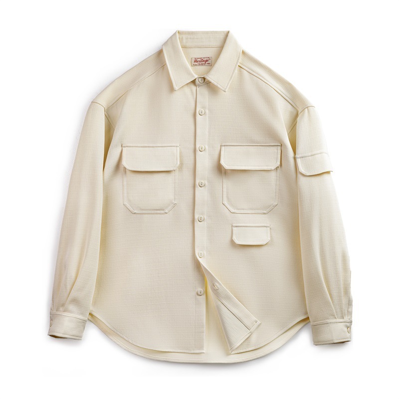 美式休閒廓形抗皺免燙長袖襯衫寬鬆翻領口袋襯衣外套男秋-Retro's Wear