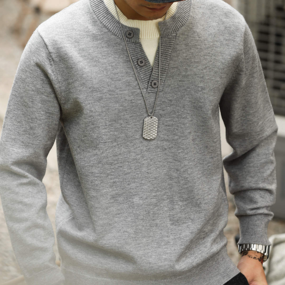 美式休閒假兩件拼接V領針織衫男羊毛絨老錢風抗起球毛衣