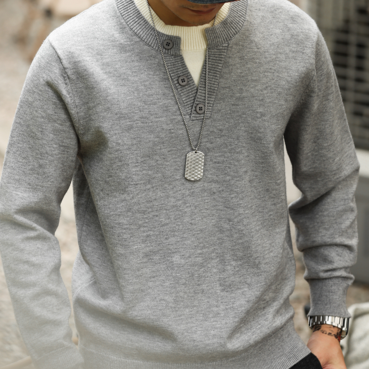 美式休閒假兩件拼接V領針織衫男羊毛絨老錢風抗起球毛衣