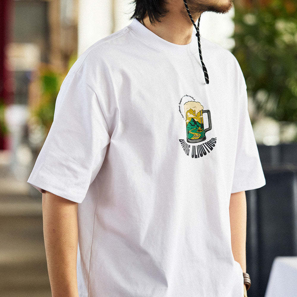 美式休閒230g水洗短袖T恤男寬鬆沙灘啤酒休閒圓領打底衫