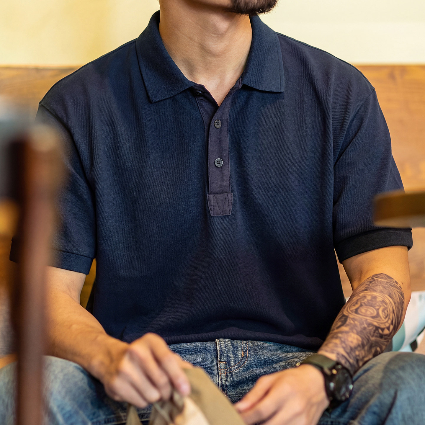 美式復古polo衫短袖男夏季新款寬鬆透氣藏青色上衣商務通勤體恤