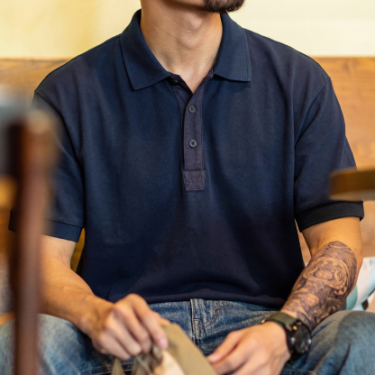 美式復古polo衫短袖男夏季新款寬鬆透氣藏青色上衣商務通勤體恤