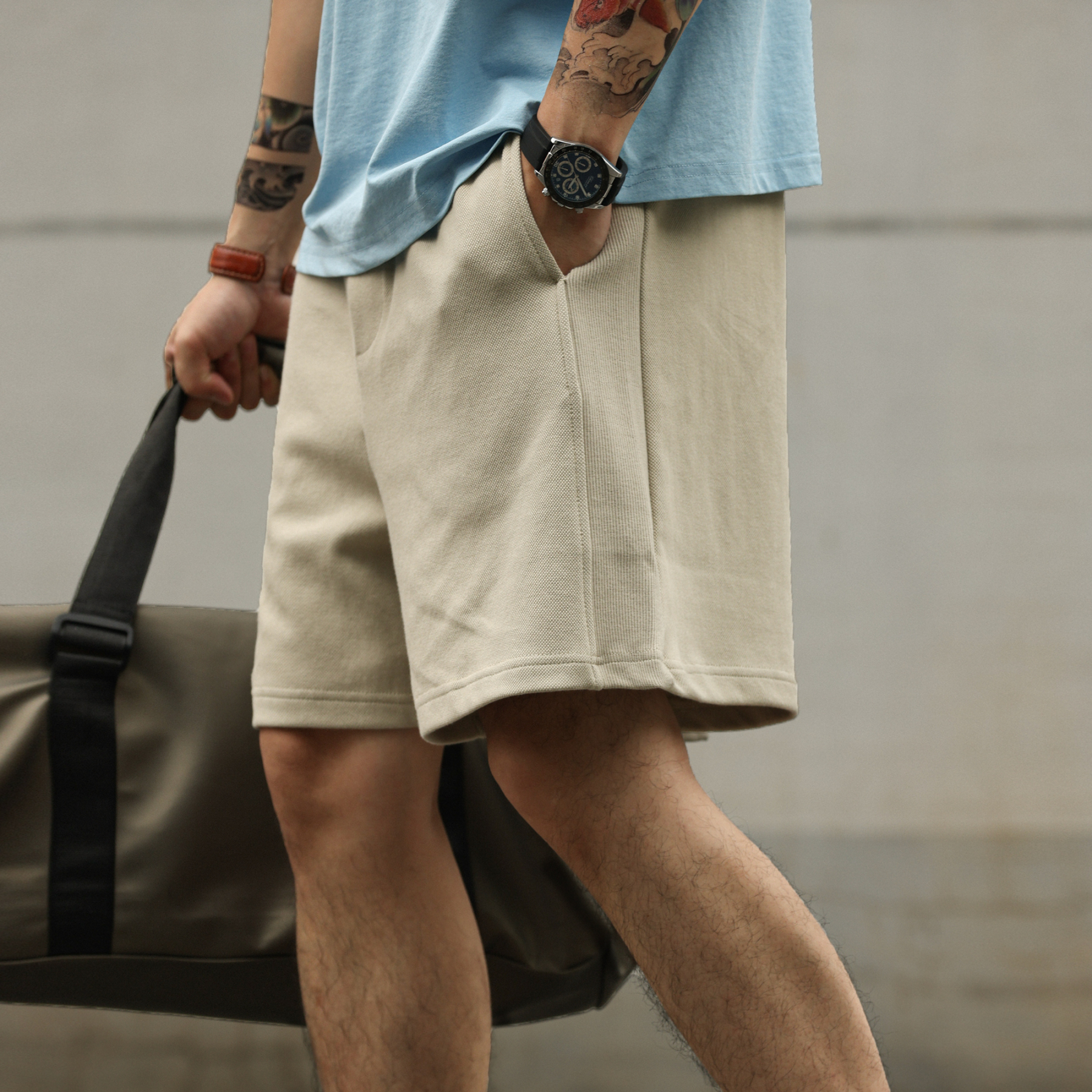 美式休閒360g重磅針織短褲男珠地肌理拼接設計五分褲夏