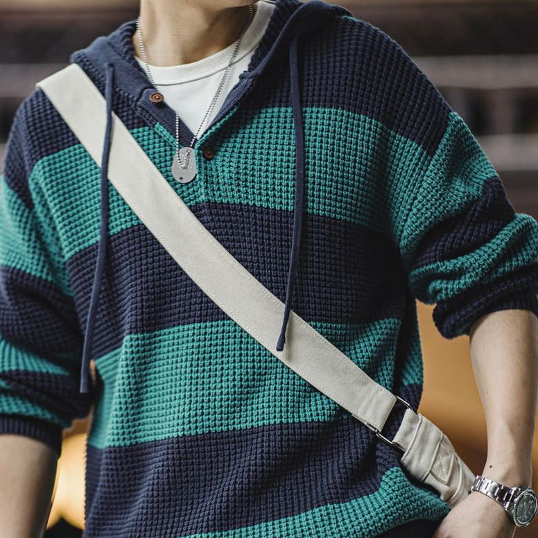 美式休閒撞色條紋連帽針織衫學院風毛衣寬鬆套頭衛衣男秋-Retro's Wear