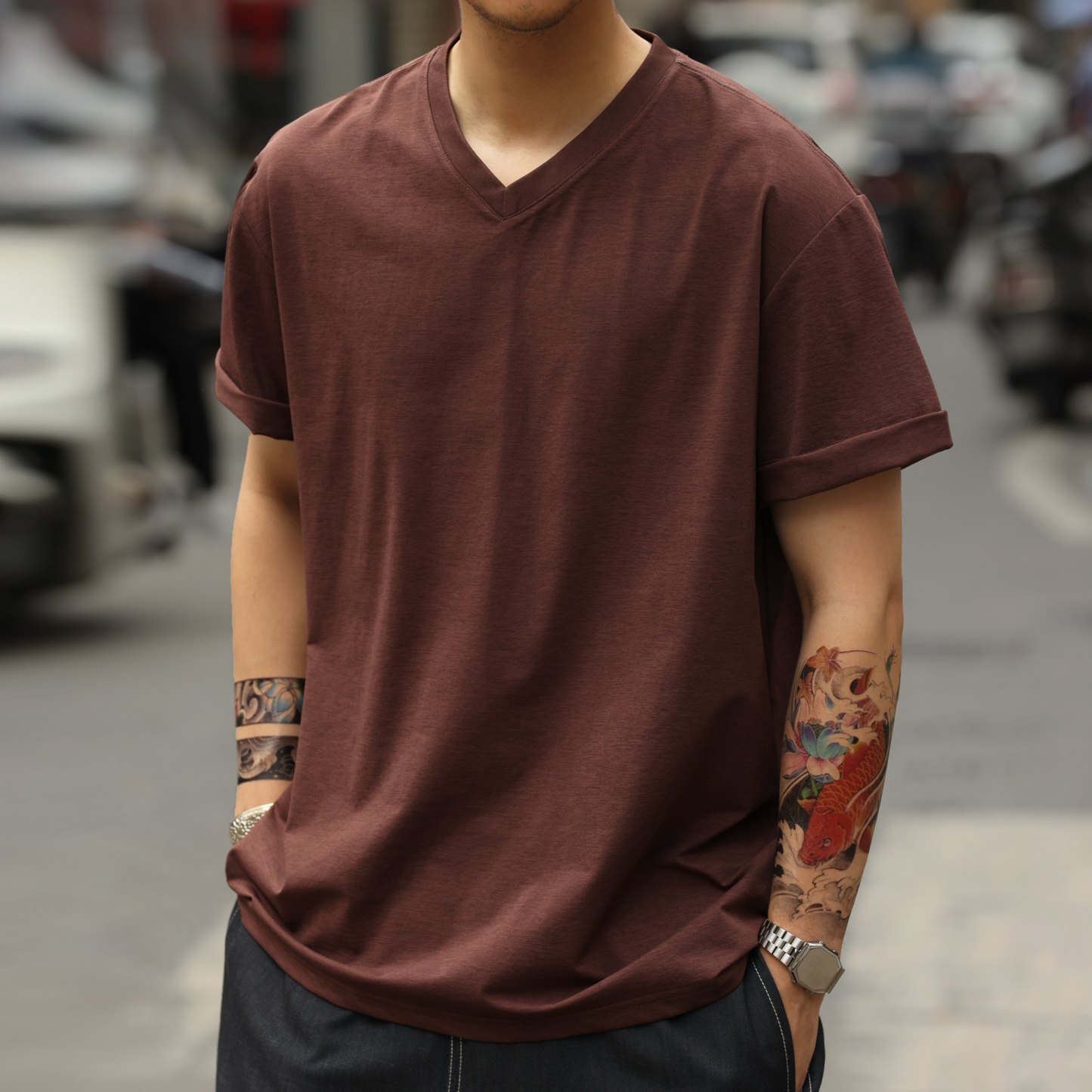 索羅娜生物基小V領短袖T恤男戶外160g輕量感速幹打底衫