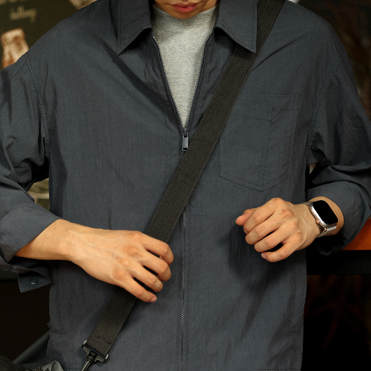 110g原紗萊賽爾薄款夾克男美式休閒拉鍊翻領外搭外套秋