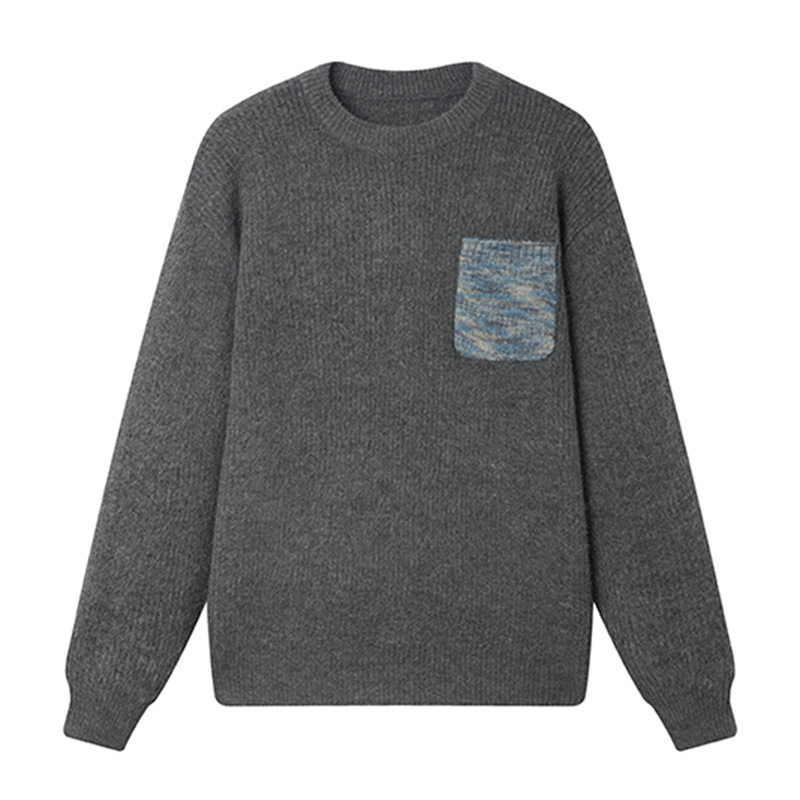 重磅仿牛絨圓領毛衣男編織肌理撞色口袋慵懶風毛線衣冬