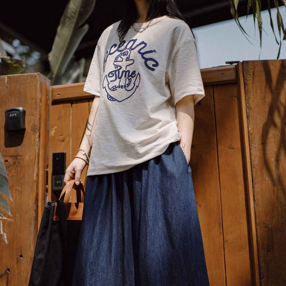 美式復古海軍刺繡T恤白色重磅竹節棉螺紋領口短袖女夏季上衣