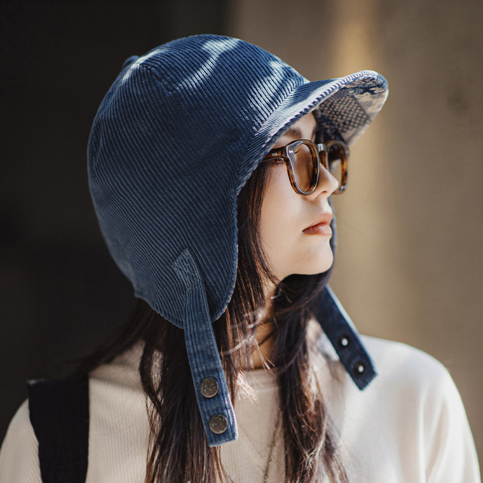 復古燈芯絨加厚防風防寒保暖飛行員藍色護耳雷鋒帽子女士冬