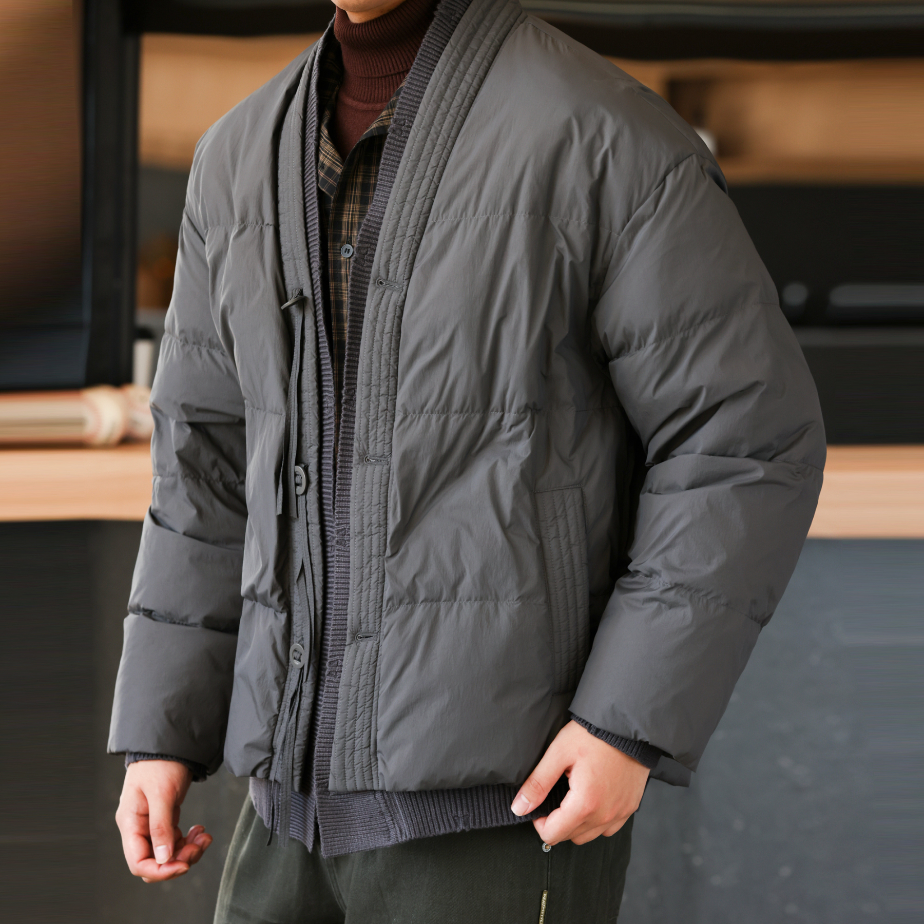 新中式道袍領羽絨服男90絨針織拼接假兩件設計保暖外套