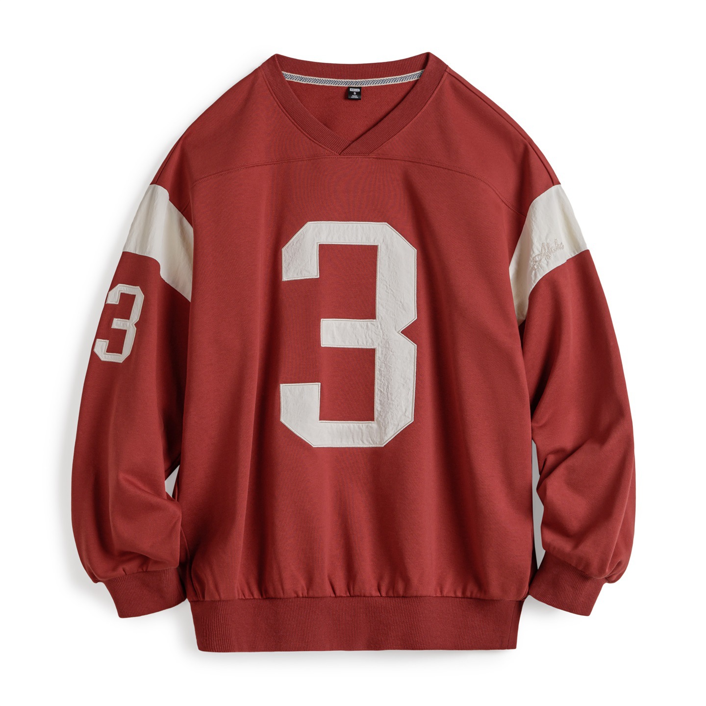 美式復古棒球V領無帽字母撞紅色拼接套頭長袖休閒衛衣女士秋