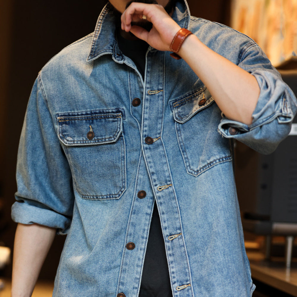 美式復古水洗9.5盎司牛仔襯衫萊賽爾翻領外搭工裝夾克外套秋-Retro's Wear