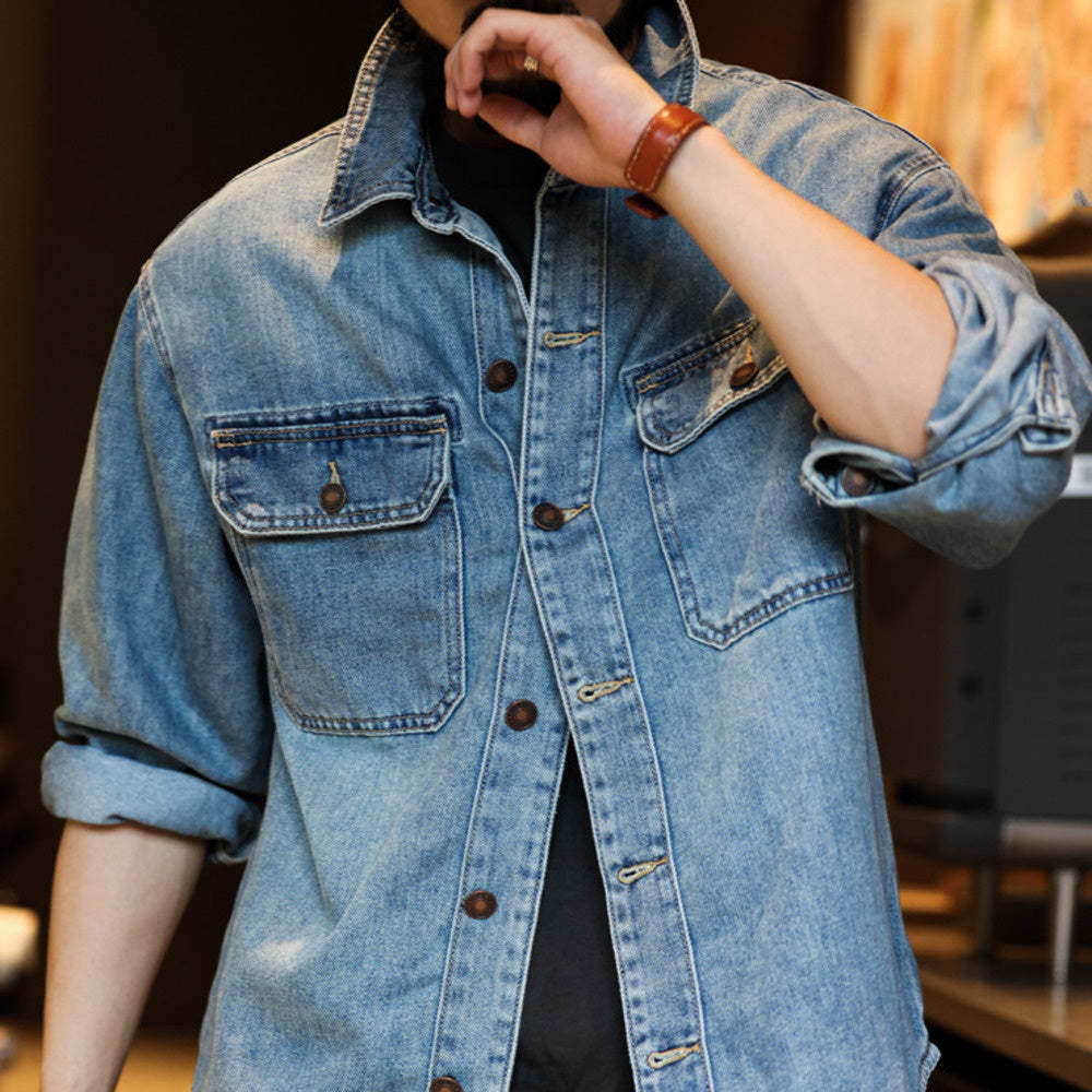 美式復古水洗9.5盎司牛仔襯衫萊賽爾翻領外搭工裝夾克外套秋-Retro's Wear