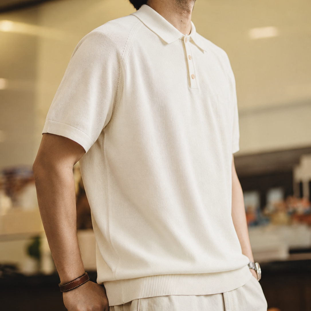 阿美哢嘰意式馬球針織衫男士純色束腰翻領短袖POLO衫