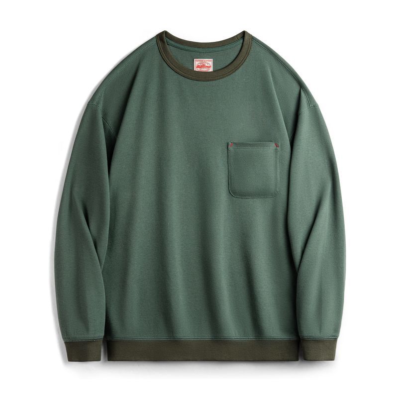 美式休閒華夫格口袋T恤圓領套頭衛衣寬鬆長袖上衣男春季