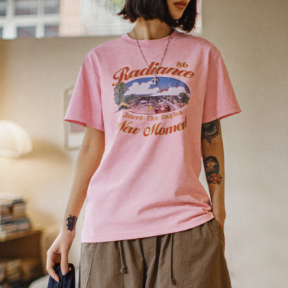 夏日仿蠟染粉色印花短袖美式復古機車慵懶顯瘦遮肉落肩T恤女