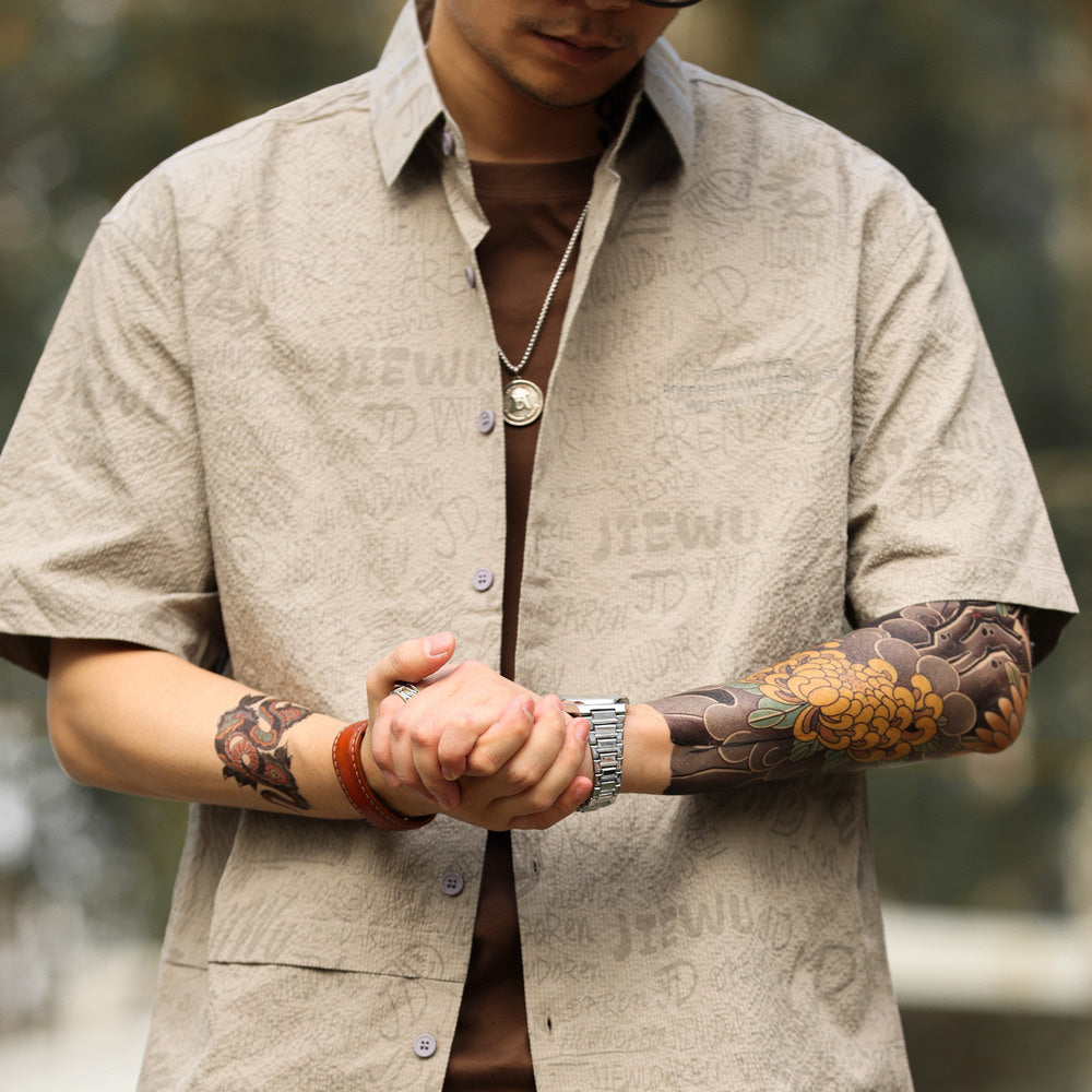 美式休閒夏威夷短袖襯衫男滿印提花雅痞復古疊穿襯衣