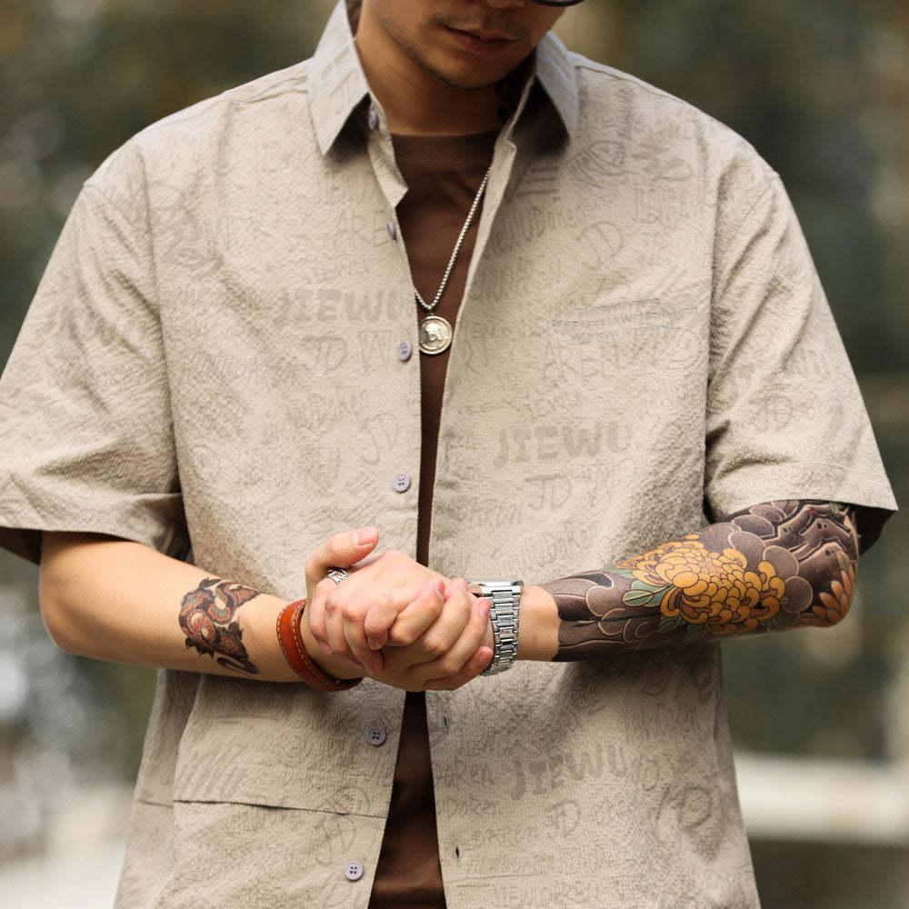 美式休閒夏威夷短袖襯衫男滿印提花雅痞復古疊穿襯衣