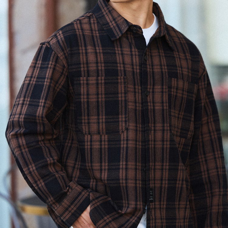 美式復古300g重磅格紋襯衫男純棉加厚磨毛長袖襯衣外套