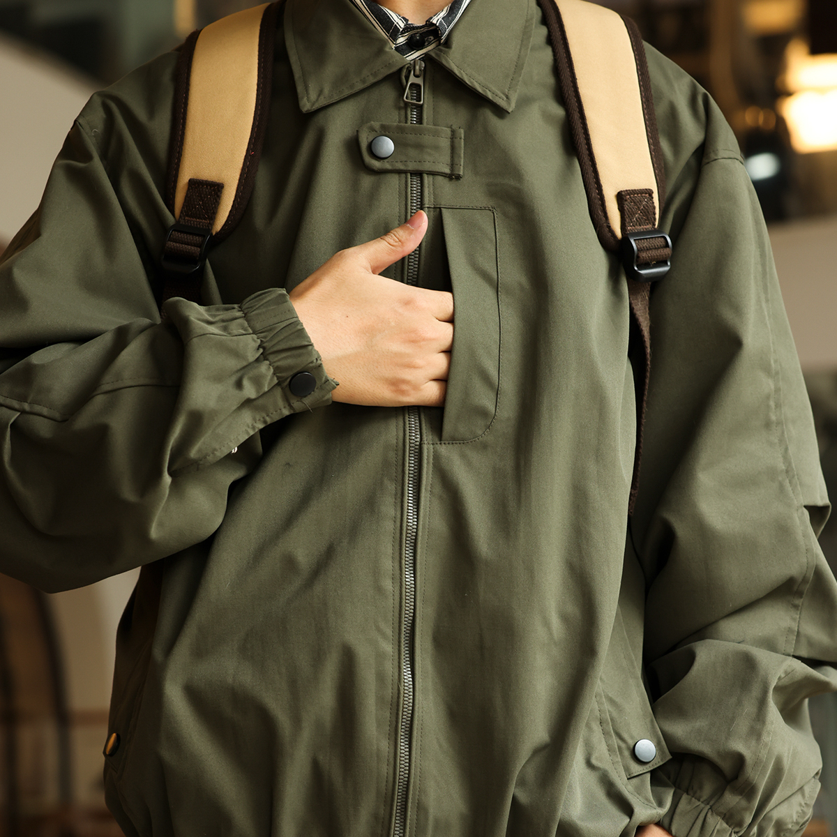 美式復古翻領工裝外套男休閒寬鬆休閒軍綠色底特律夾克