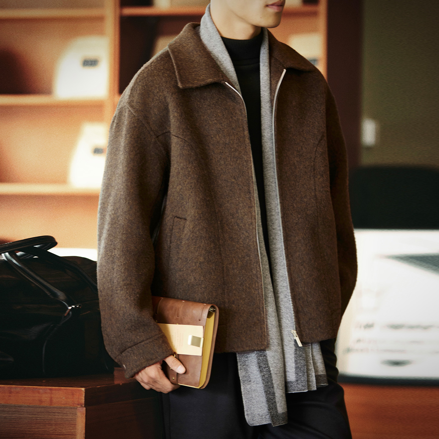 雙面羊絨短款翻領毛呢大衣男士2025冬季新款休閒保暖通勤夾克外套