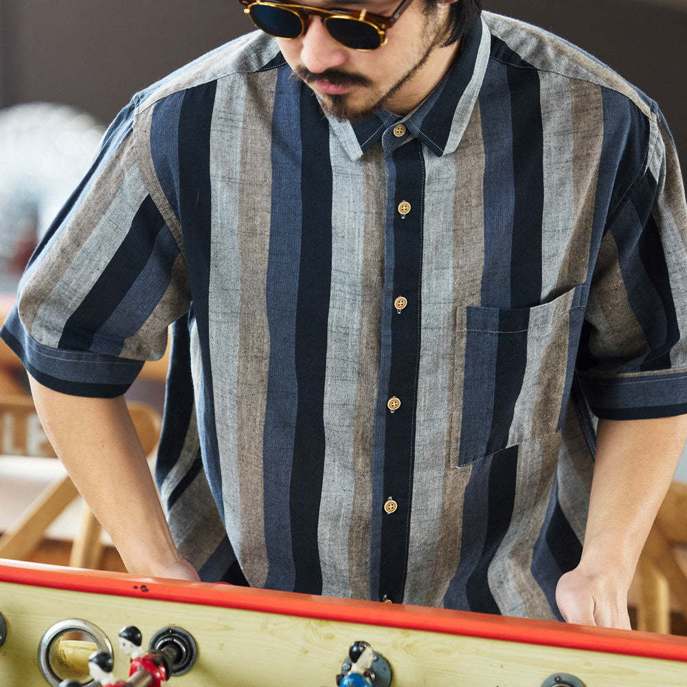 日系復古150g麻感短袖襯衫男民族風撞色條紋半袖襯衣夏