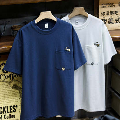 260g米格短袖t恤男夏季新款潮牌小樹懶刺繡口袋寬鬆休閒半袖T恤