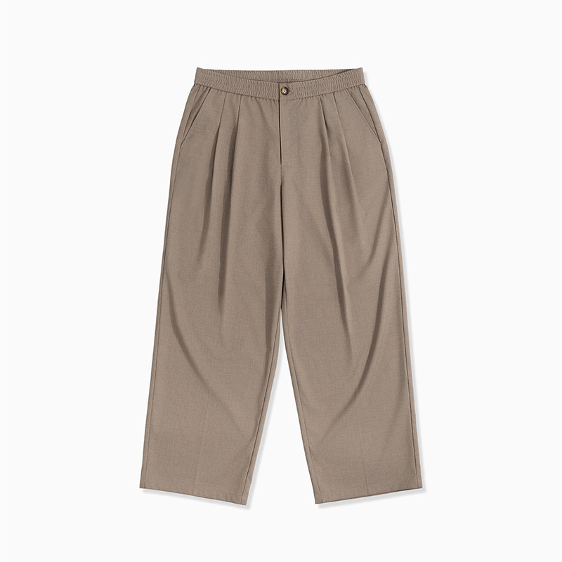 MRA TR垂墜抗防皺闊腿西褲雙褶立體剪裁通勤休閒卡其色長褲子