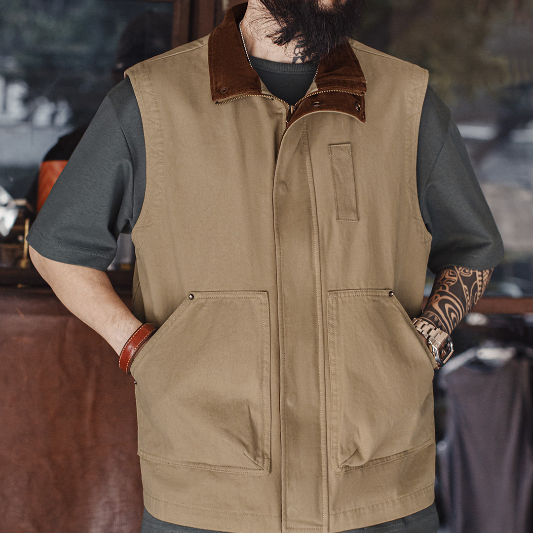 美式復古safari馬甲獵裝純棉卡其色燈芯絨背心外套男款春