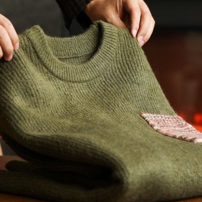 重磅仿牛絨圓領毛衣男編織肌理撞色口袋慵懶風毛線衣冬