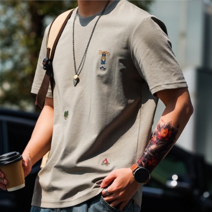 200g親膚凉感趣味刺繡短袖T恤男微落肩圓領質感打底衫夏