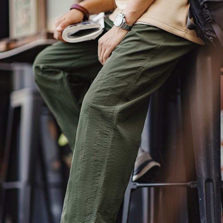 美式復古絎線褶皺雙膝褲薄款抽繩束脚軍綠直筒休閒褲男秋-Retro's Wear