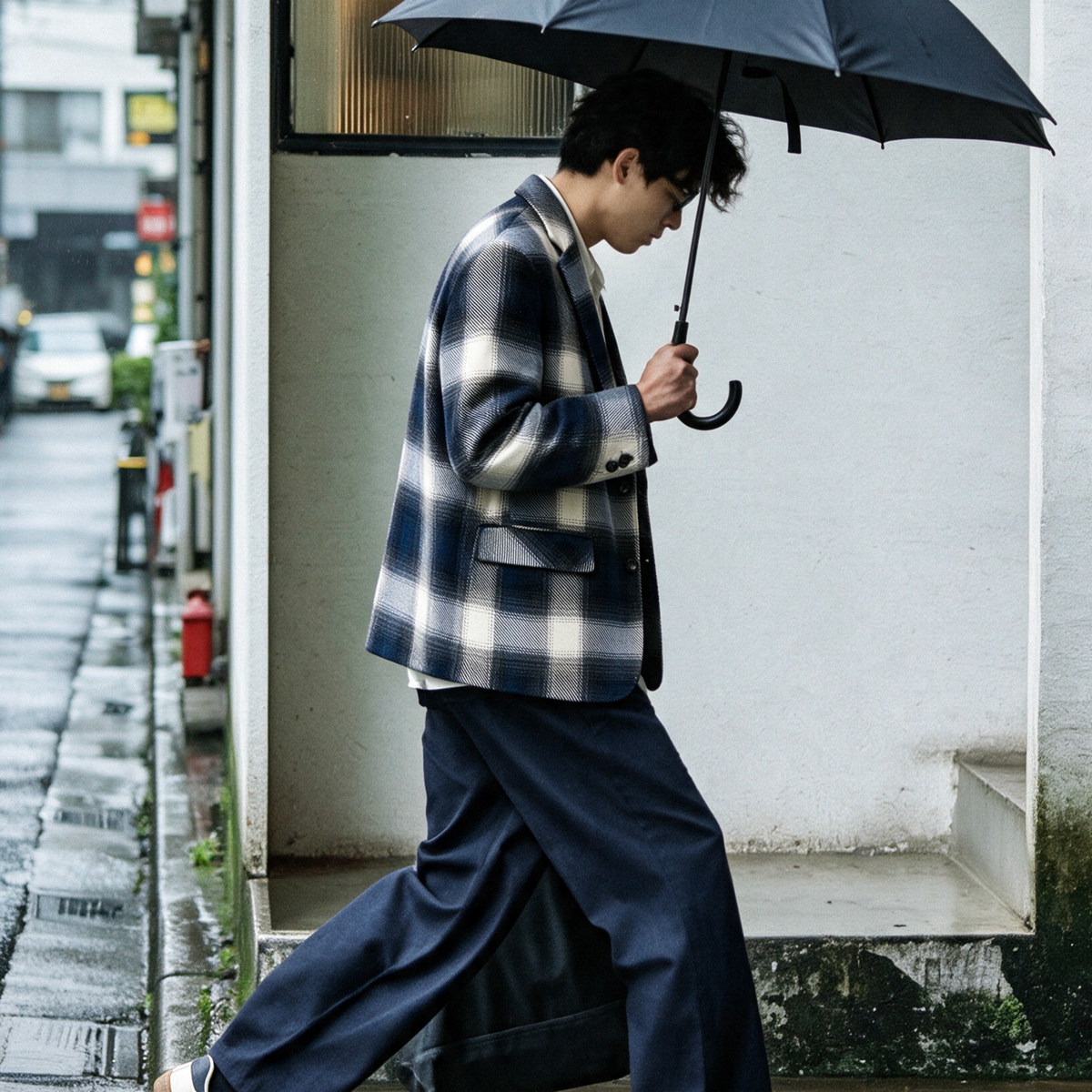經典格紋特調藍格平駁領鬆弛感休閒老錢風西服外套男
