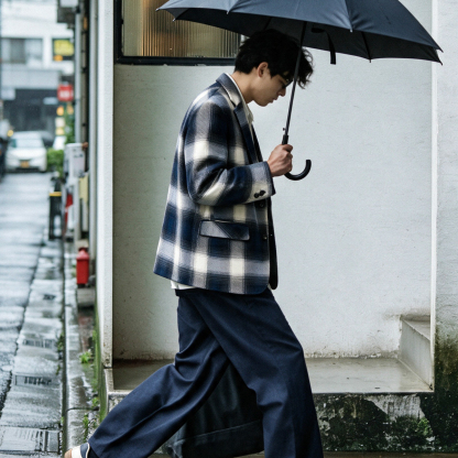 經典格紋特調藍格平駁領鬆弛感休閒老錢風西服外套男