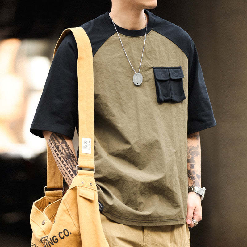 美式復古運動短袖T恤男寬鬆cityboy風格戶外休閒拼接口袋TEE-Retro's Wear