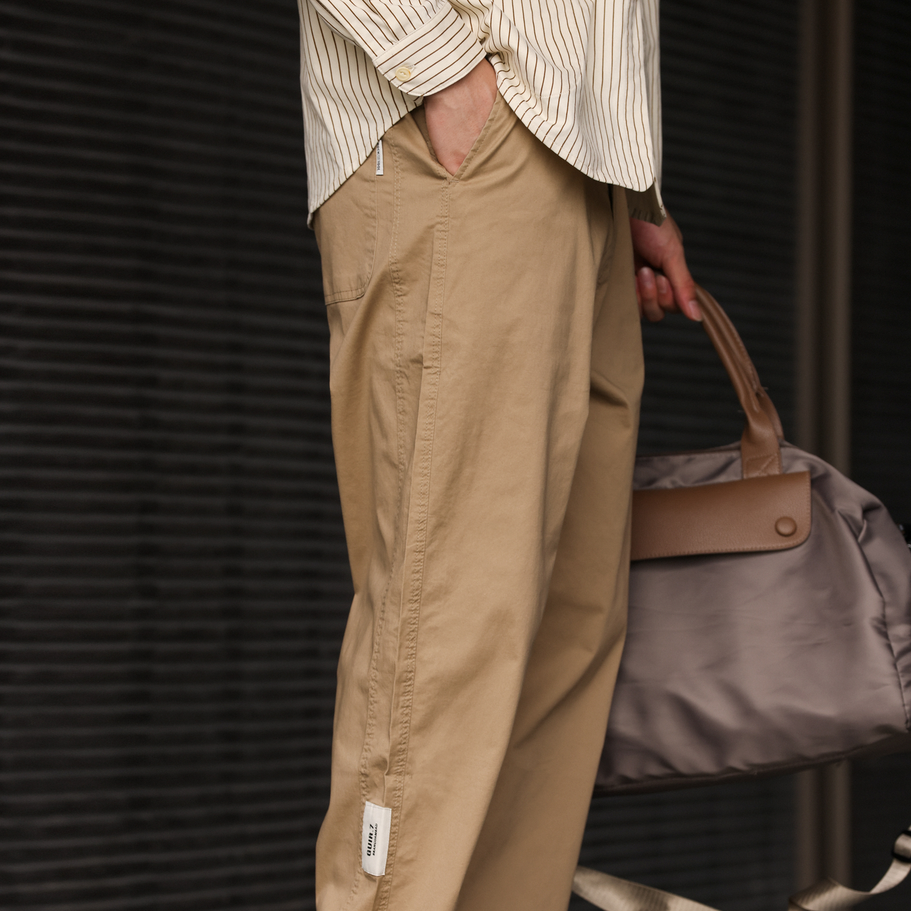 日系復古微彈休閒長褲男330g錐形繡標工裝卡其色褲子秋