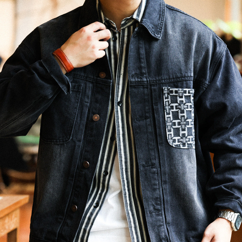 美式復古風暴騎士牛仔夾克男腰果花拼接口袋設計獵裝機車外套-Retro's Wear