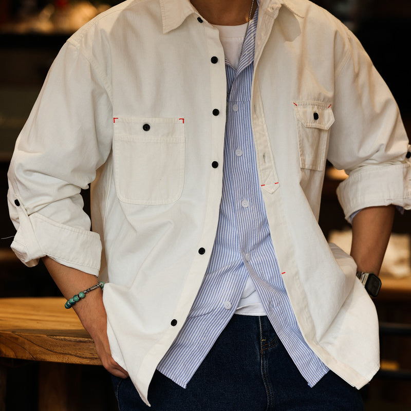 日系復古工裝襯衫男寬鬆cityboy高密純棉白色硬漢夾克外套秋-Retro's Wear