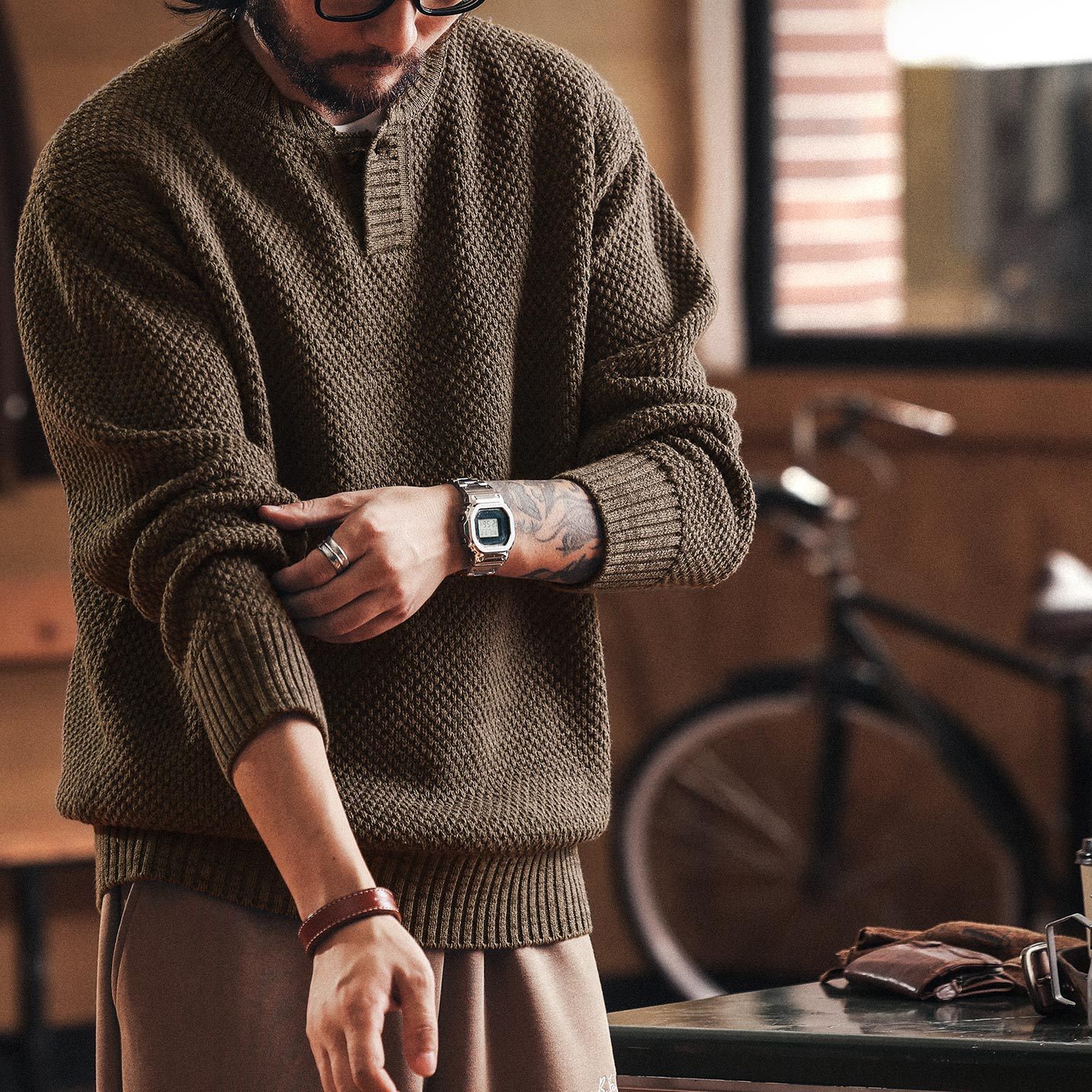 美式重磅亨利領粗針毛衣男秋冬款老錢楓加厚保暖硬漢針織衫