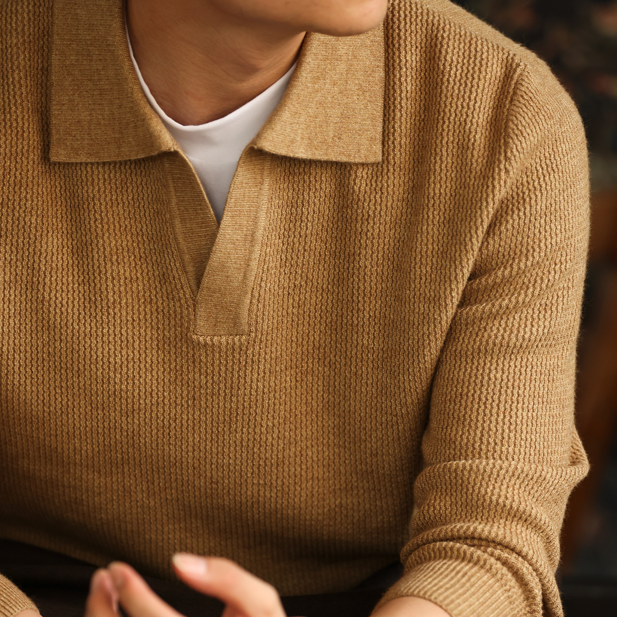 美式復古海鷗領針織POLO衫男12針重磅老錢提花保暖毛衣